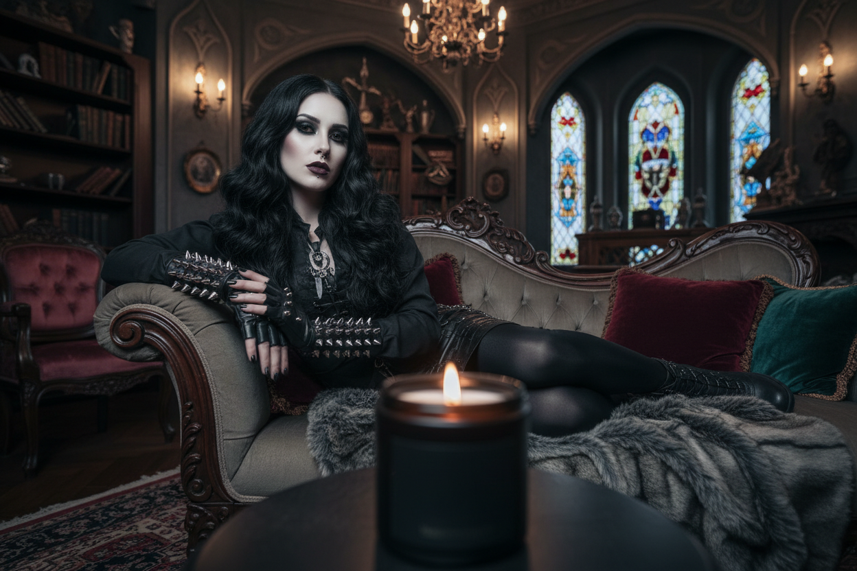 glam goth woman, frame center, relaxing in her living room. decor is very  goth and dark. she is wearing fingerless leather gloves with spikes.her makeup is her natural skin color but still looks goth. there is a mat black jar candle with no label.burning in the foreground. the candle is blurred .the image looks like a photo taken by a professional photographer. 