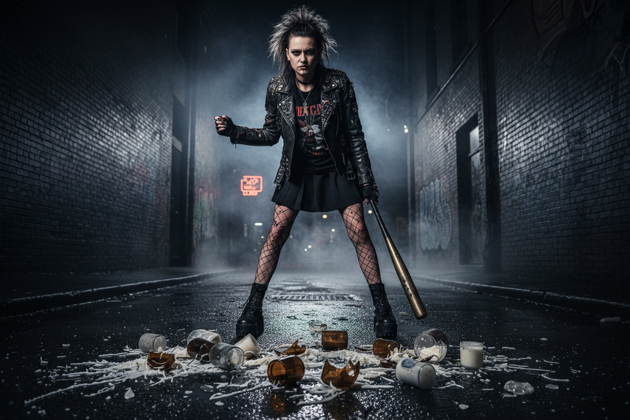 make a goth punk woman who has destroyed typical soy wax candles from Etsy in a alley with a metal bat. the candles vessels are vogue , amber and frosted. they have no labels. it must look like a professional photo shoot  showing the aftermath of her braking the candles. the candles are now at her feet. its night time. 